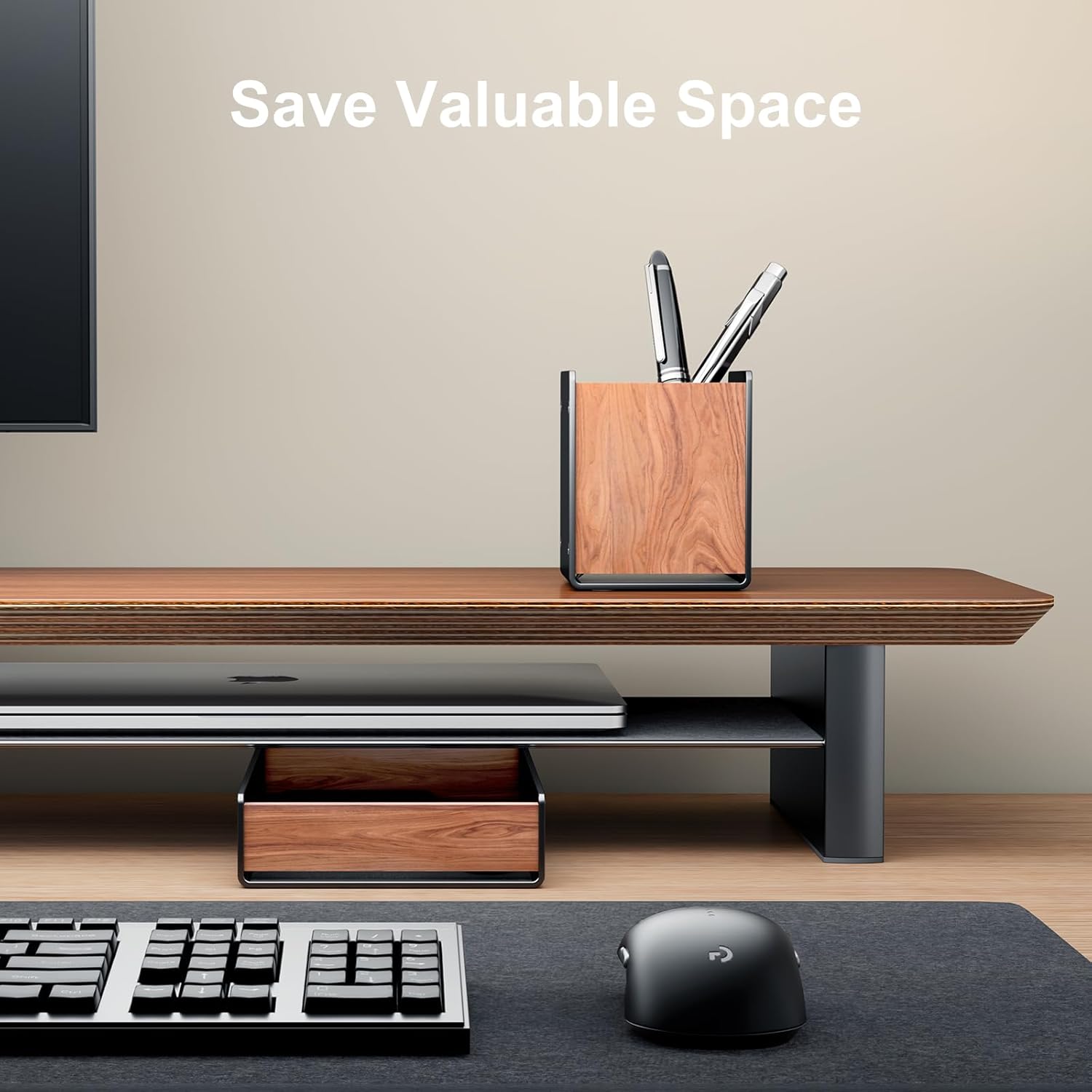 UPERGO - Walnut Desk Tray with Pen Holder Set, Natural Wooden Desk Drawer Organizer Office, Organizer Tray for Keys, Pen, Watch - Serious Techies