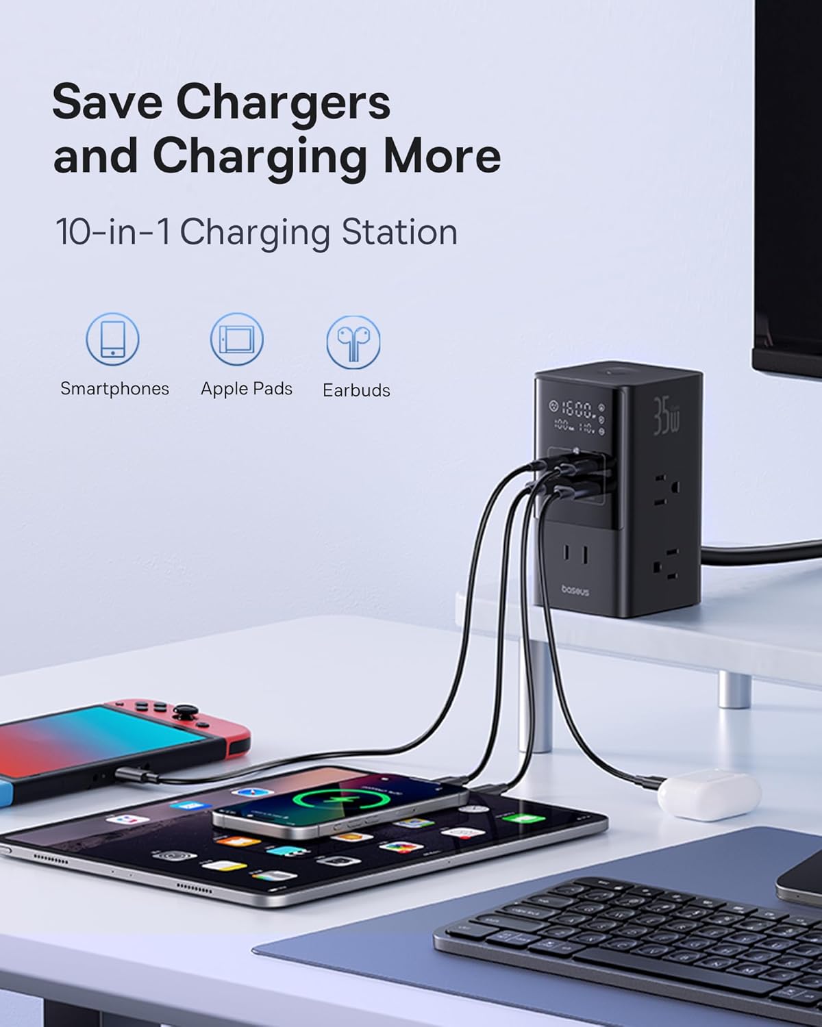 Baseus - 10-In-1 USB C Charging Station, 35W Powercombo Fast Charging Power Strip with 6AC+2U+2C USB, USB C Charging Station for Desktop Accessories, Macbook, Tablets in Office, Home and Dorm