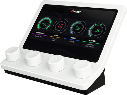 BEACN - Mix USB C Audio Controller | Windows Audio Mixer for PC Gaming or Work | 4-Channel Audio Control with 5" Full-Color Display & Precision Knobs | Drag-And-Drop Customization (White) - Serious Techies