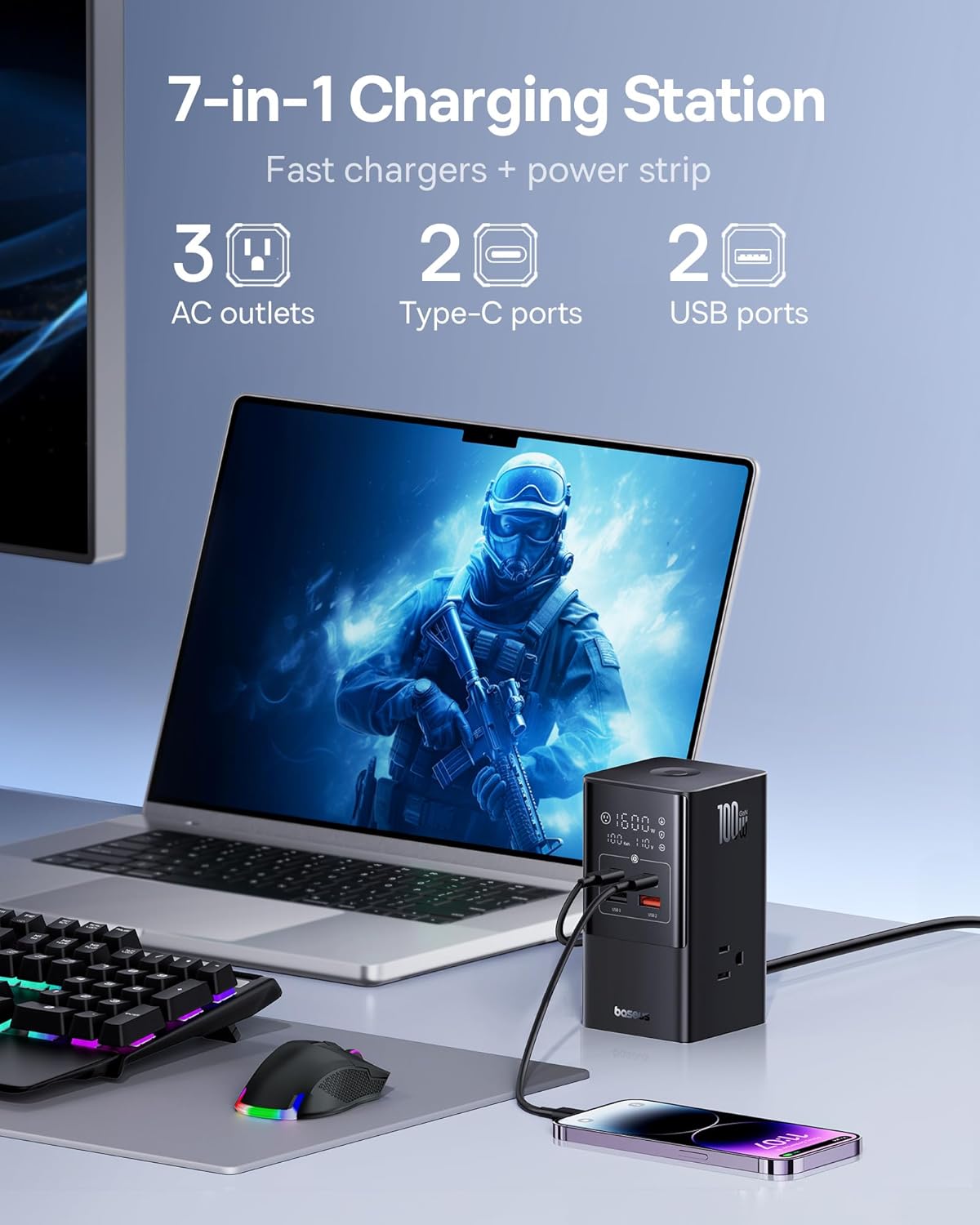 Baseus - 7-In-1 USB C Charging Station, 100W Powercombo Fast Charging Power Strip with 3AC+2U+2C USB, USB C Charging Station for Desktop Accessories, Macbook, Tablets in Office & Home - Serious Techies