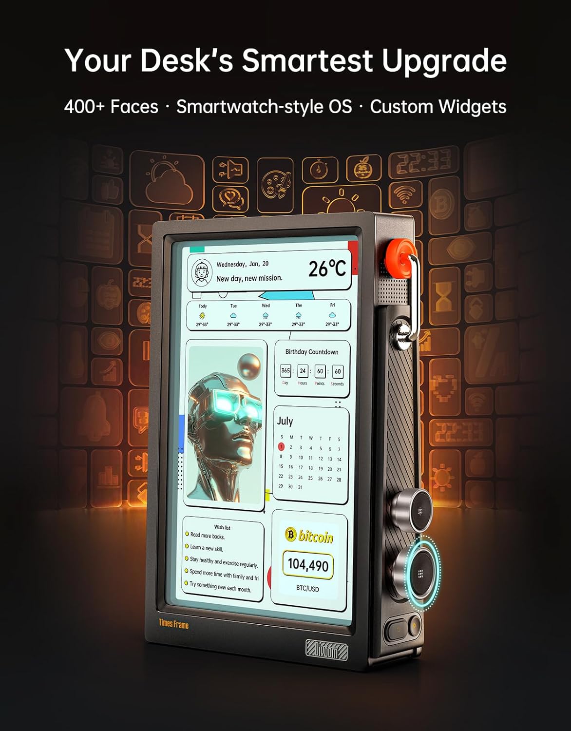 Divoom - Times Frame-10.1" Digital Picture Frame Transparent IPS Smart Linux OS with RGBLED Rotary Knob Wifi 64GB 400+Clock Faces Widget 50+API Feeds Gift Mode Pixel Art Community Personalized Display - Serious Techies