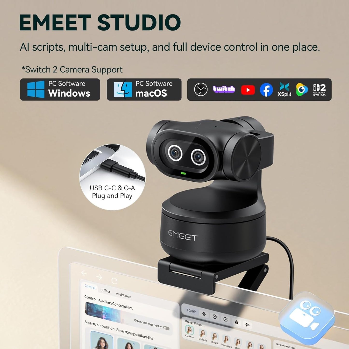 EMEET - PIXY Dual-Camera Ai-Powered PTZ Camera 4K, AI Tracking, PDAF&AI Autofocus 0.2S, 1/2.55'' Sony Sensor, 3 Mics, Presets, Gesture Control, 4K Webcam for Streaming and Obs/Twitch/Switch 2 Compatible - Serious Techies