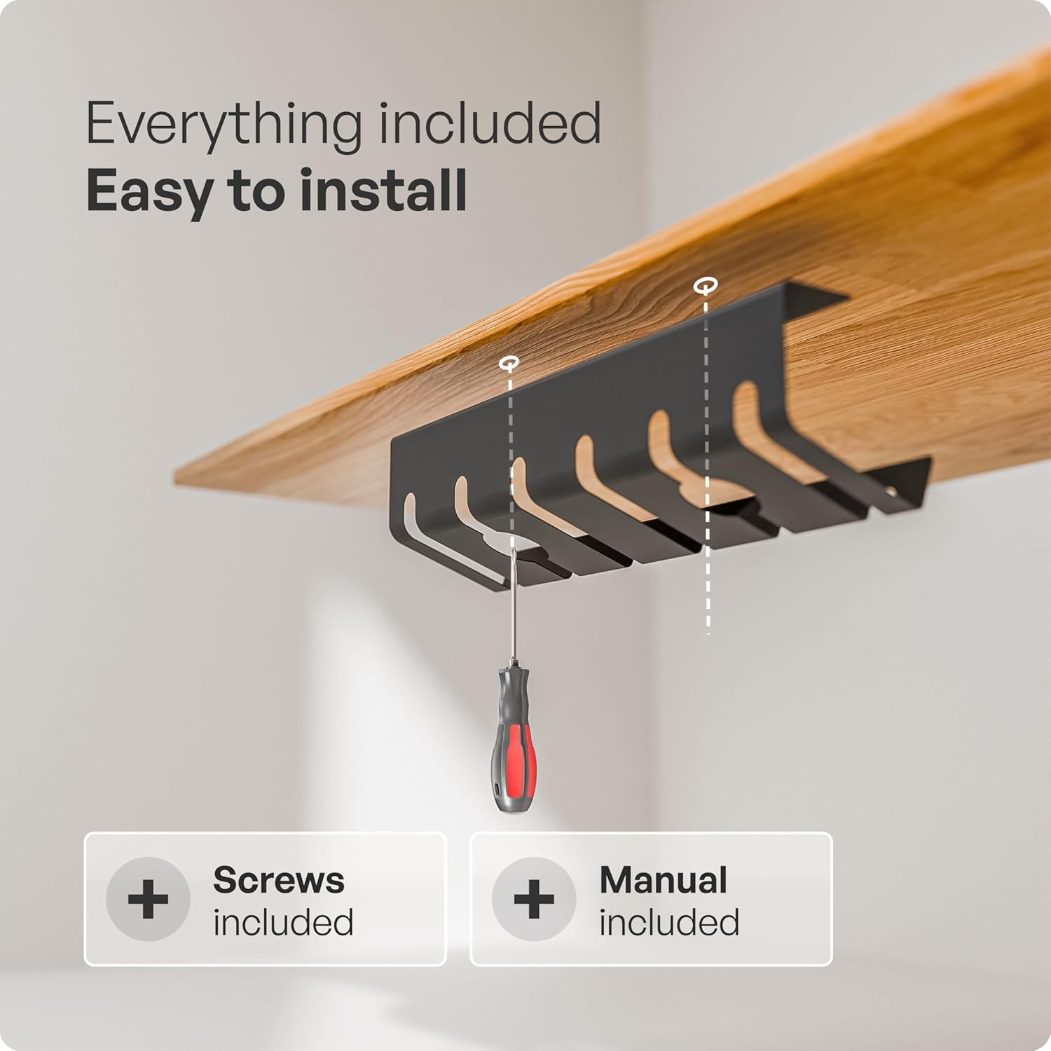 pamo - Cable Management under Desk for Easy Mounting Under-Table I Set of 3 - with 10X Cable Ties I Desk Organizer for Office/Home Office Table Thoughtful Cable Tray Holder - Serious Techies