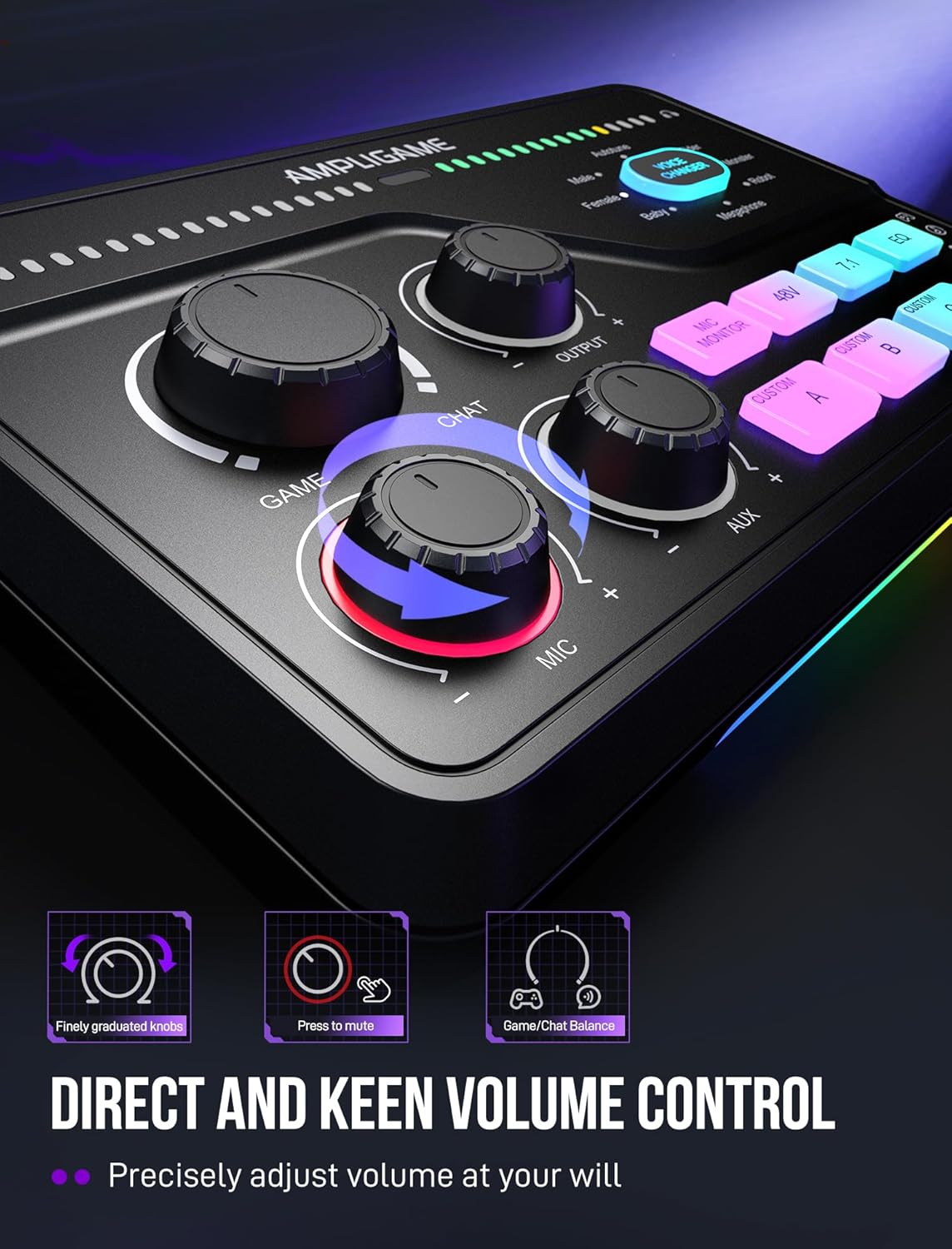 Gaming Audio Mixer for 7.1Ch Surround Sound Headphone Amp-Volume Control-Voice Chat and Streaming-Xlr Mic Preamp-Usb Plug&Play-Voice Changer-Rgb-3 EQ Modes Ampligame SC8