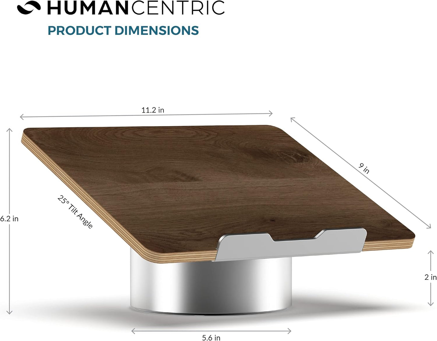 HumanCentric - Laptop Riser for Desk in Black Walnut Wood Top and Space Gray Aluminum Base, Compatible with Macbook and Other Laptops up to 16 Inches, Ergonomic Computer Holder, 25-Degree Angle Tilt - Serious Techies