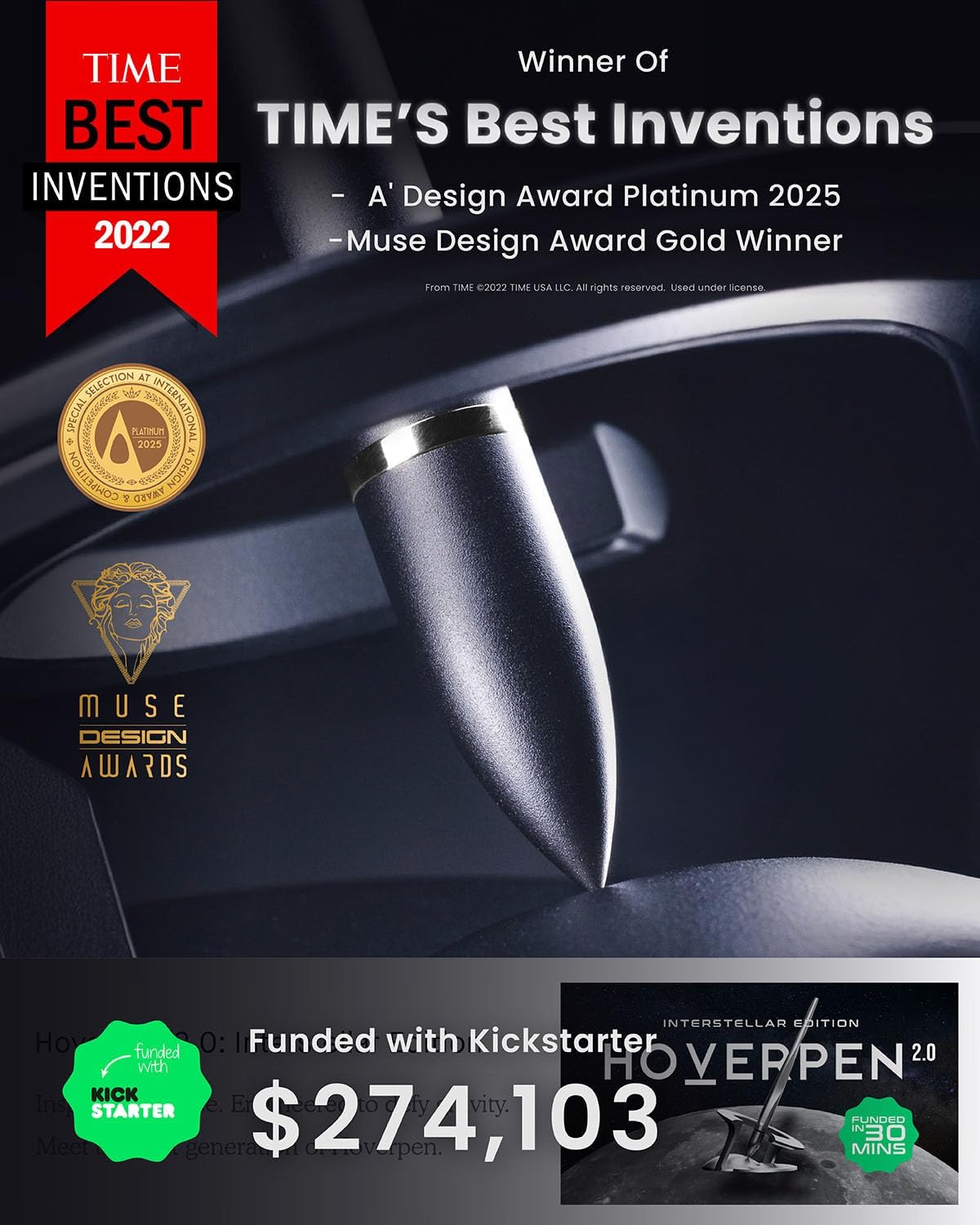 novium - Hoverpen Interstellar - Space Black, Ballpoint Pen, Unique Conversational Starter, Premium Futuristic Design, Precision Flow Ink, Schmidt Ballpoint Cartridges - Serious Techies
