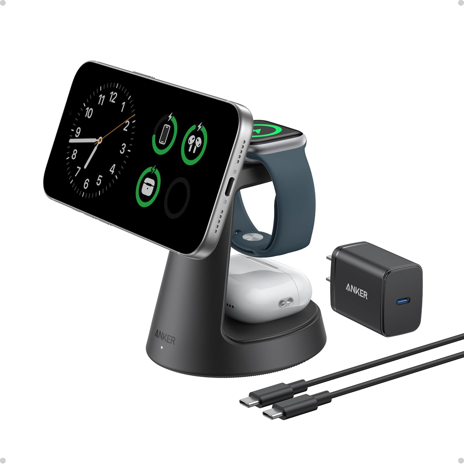 Anker - Magsafe Charger Compatible, Maggo 3-In-1 Charging Station, Nano Charging Stand, Qi2 Certified 15W Magnetic Wireless Charger Dock, for Iphone17/16/15/14, Apple Watch,Airpods (Adapter Included) - Serious Techies