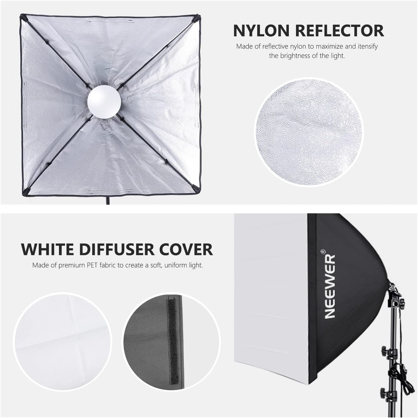 Neewer - 700W Equivalent Softbox Lighting Kit, 2Pack UL Certified 5700K LED Lighting Bulbs, 24X24 Inches Softboxes with E26 Socket, Photography Continuous Lighting Kit Photo Studio Equipment - Serious Techies