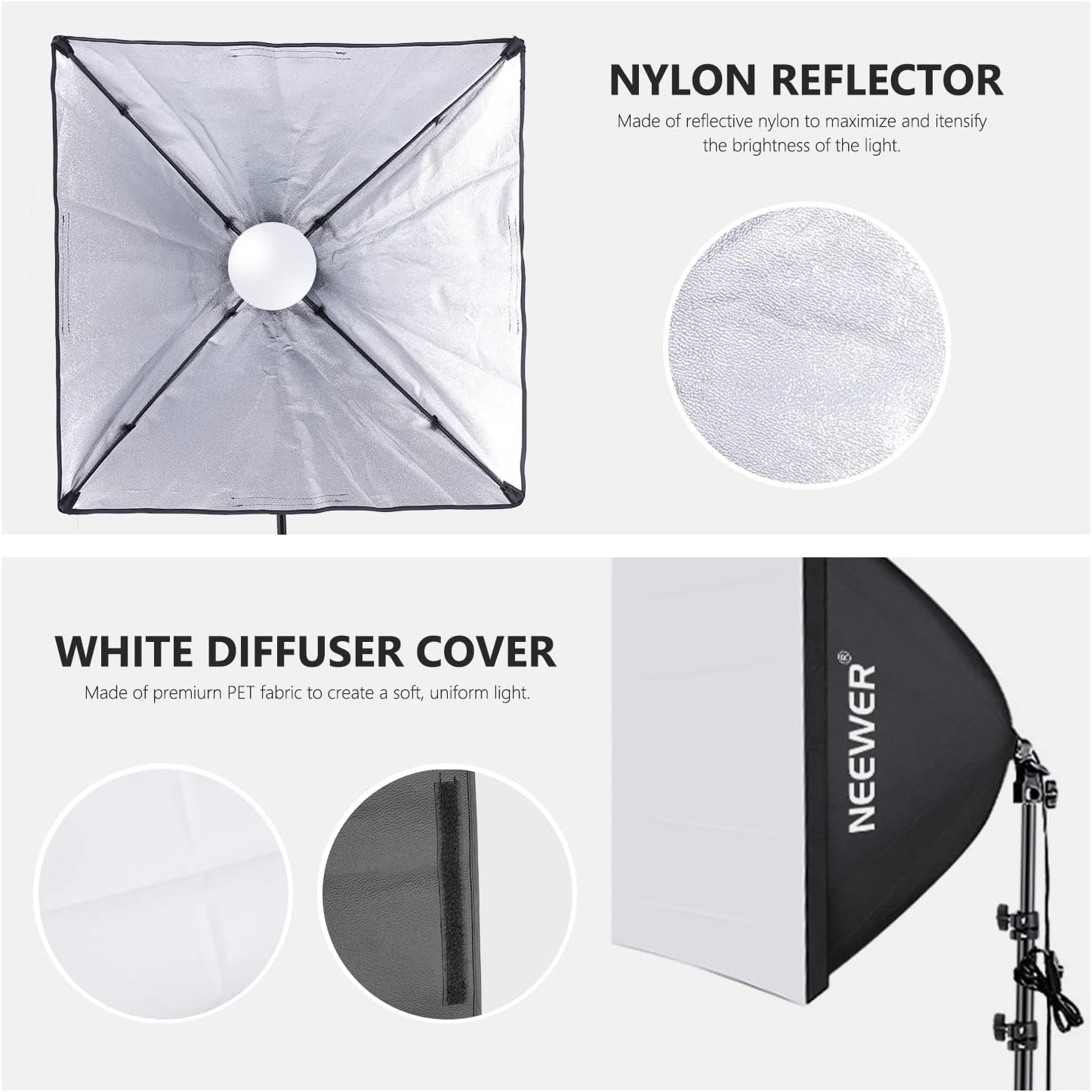 Neewer - 700W Equivalent Softbox Lighting Kit, 2Pack UL Certified 5700K LED Lighting Bulbs, 24X24 Inches Softboxes with E26 Socket, Photography Continuous Lighting Kit Photo Studio Equipment - Serious Techies