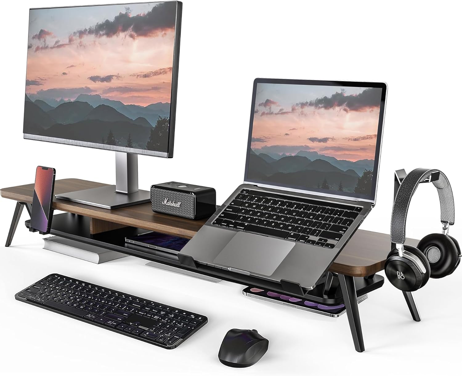 Fenge - Dual Monitor Stand, Monitor Riser for 2 Monitors with Adjustable Laptop Riser , 42.5 Inch Desk Shelf for Top of Desk with Phone Holder& Headphone Stand - Serious Techies