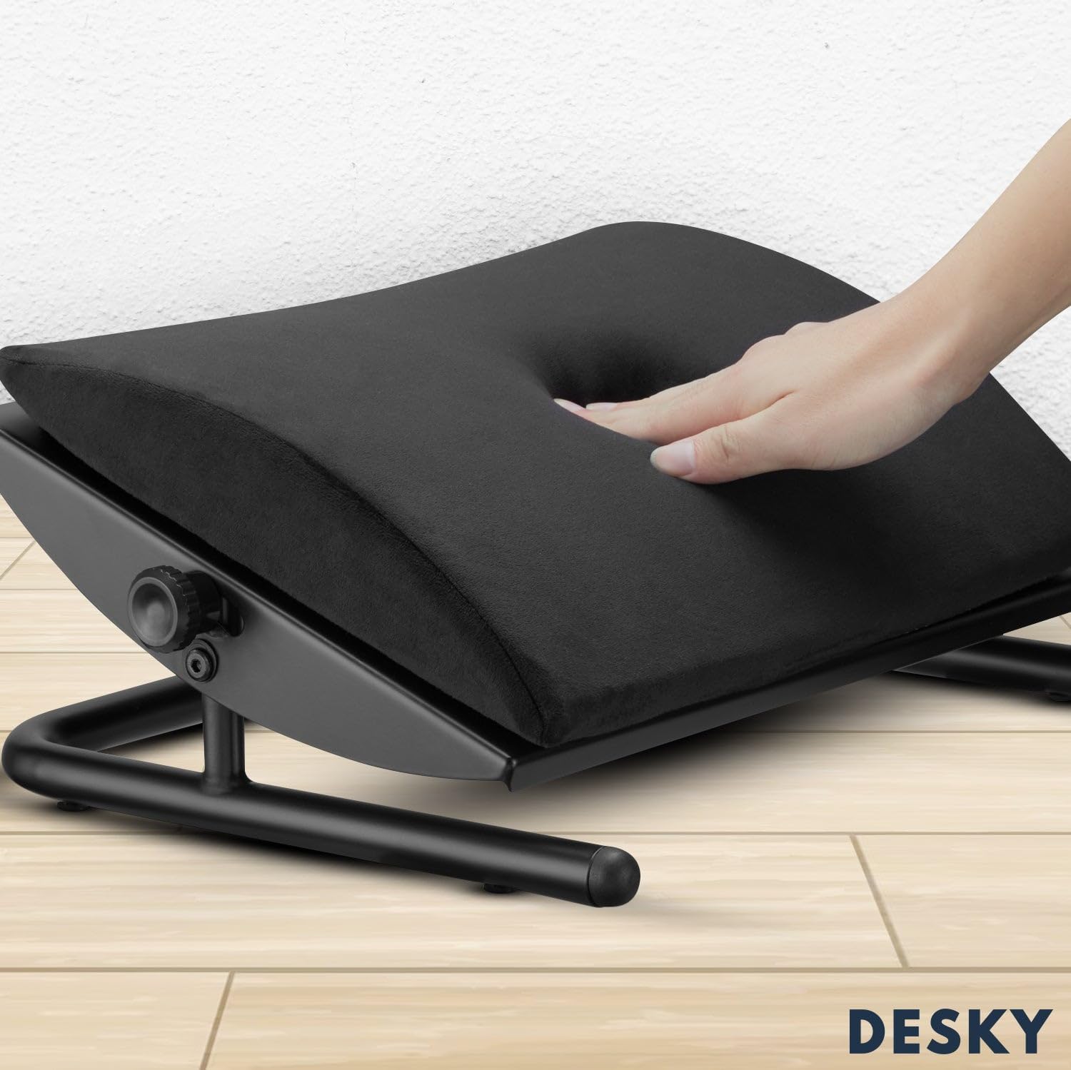 Desky - Cushioned Foot Rest – Ergonomic under Desk Footrest with Adjustable Tilt, Soft Suede Cover, Non-Slip Base – Black - Serious Techies