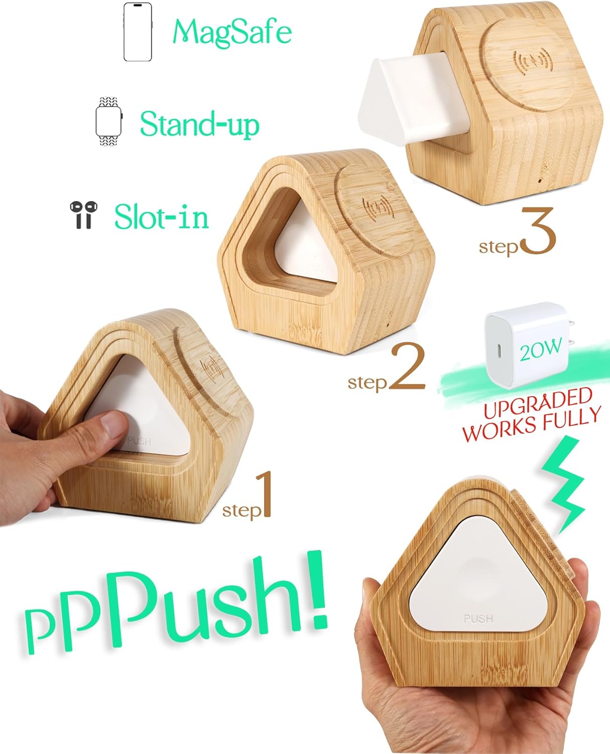 DYEWEAVE - Bamboo Wireless Charging Station for Apple: 3-In-1 Charger Stand with Cabin Style for Iphone 16 15 14 13 12 Series, Apple Watch 10-2, Ultra, and Airpods 4-2, Pro, Magsafe Wireless Charger(20W Adapter) - Serious Techies