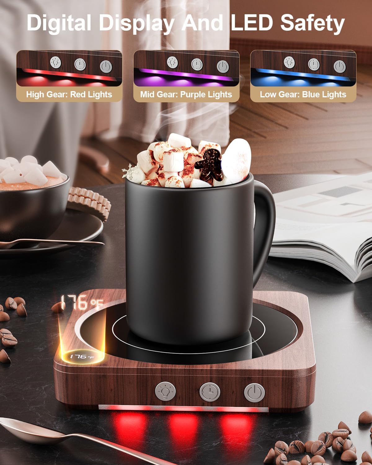 House Gem - Mug Warmer - 36W Coffee Mug Warmer for Desk with Temperature Display, 2-12Hrs Auto Shut Off, Smart Candle Warmer - Ideal Coffee Gifts Accessories Keep Beverages Coffee Warmer (Wood) - Serious Techies