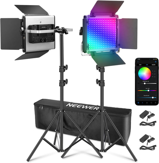 Upgraded 660 PRO II RGB LED Video Light with App Control & Tripod Stand Kit, 2 Pack 50W/1% Min Dimming/Cri97+/3200~5600K Key Lighting for Game Streaming Youtube Recording Studio Photography