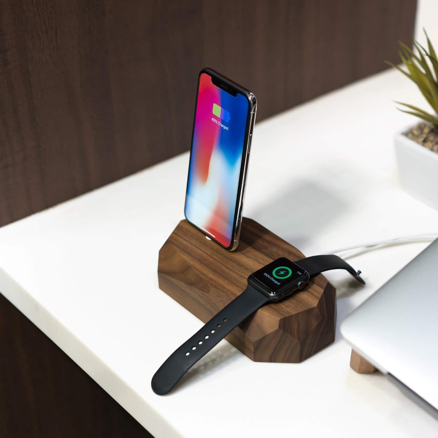 Oakywood - 2In1 Wood Docking Station Compatible with Apple Watch, Compatible with Iphone - Dual Charging Station, 1 X Lightning USB-A Connector Included - Combo Dock - Walnut - Serious Techies