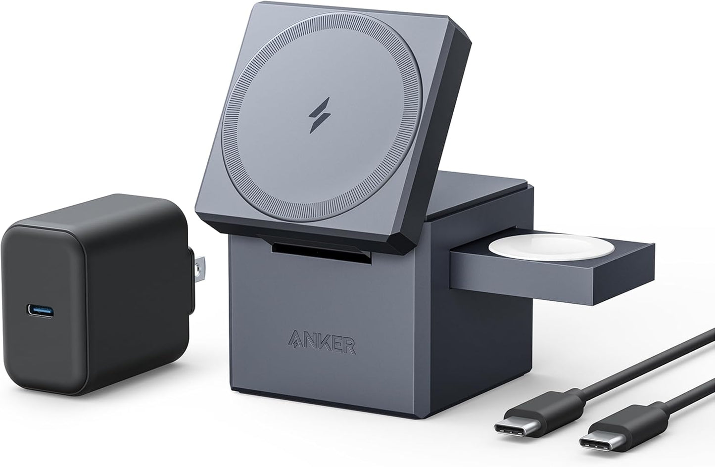 Anker - Magsafe Charger Stand, Iphone 16 Wireless Charger, 3-In-1 Cube with Magsafe, 15W Foldable Fast Charging Stand, for Iphone 16/15/14/13, Apple Watch 1-8/Ultra, Airpods (30W USB-C Charger Included) - Serious Techies