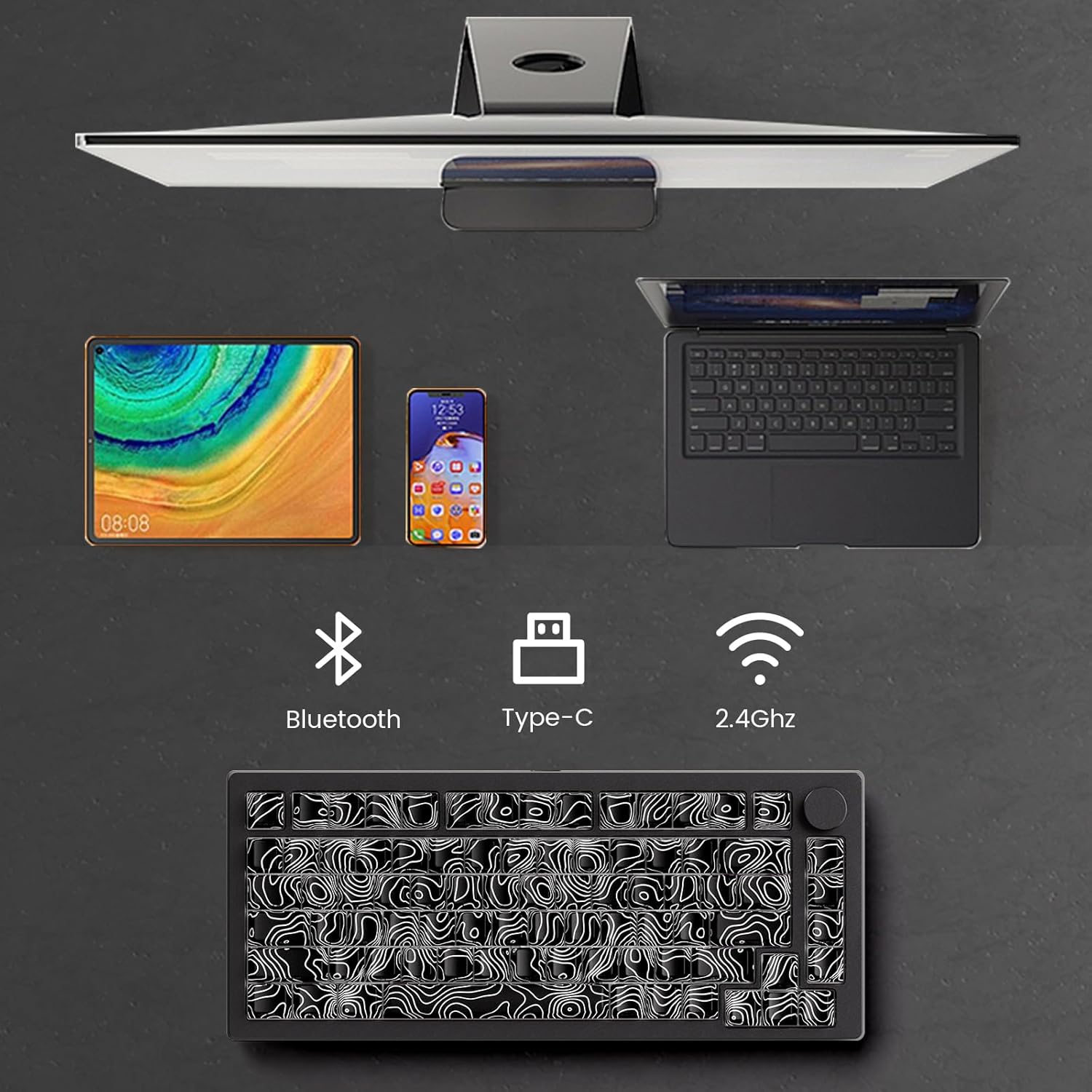 MONSGEEK - M1 V5 Aluminum Mechanical Keyboard 75% Topographic Theme Quick Release Gaming Keyboard with Knob, 8000 Mah RGB Hot-Swappable Black Custom with Side-Printed Keycaps Pre Lubed Piano Switch