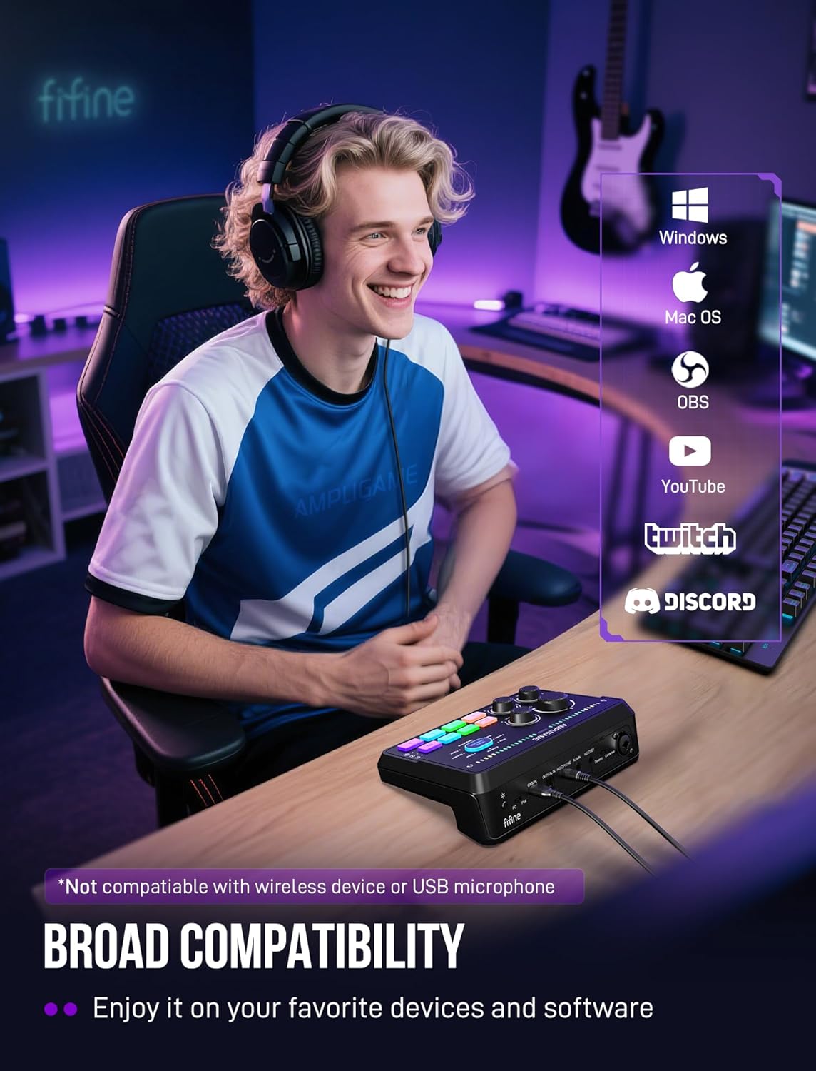 Gaming Audio Mixer for 7.1Ch Surround Sound Headphone Amp-Volume Control-Voice Chat and Streaming-Xlr Mic Preamp-Usb Plug&Play-Voice Changer-Rgb-3 EQ Modes Ampligame SC8