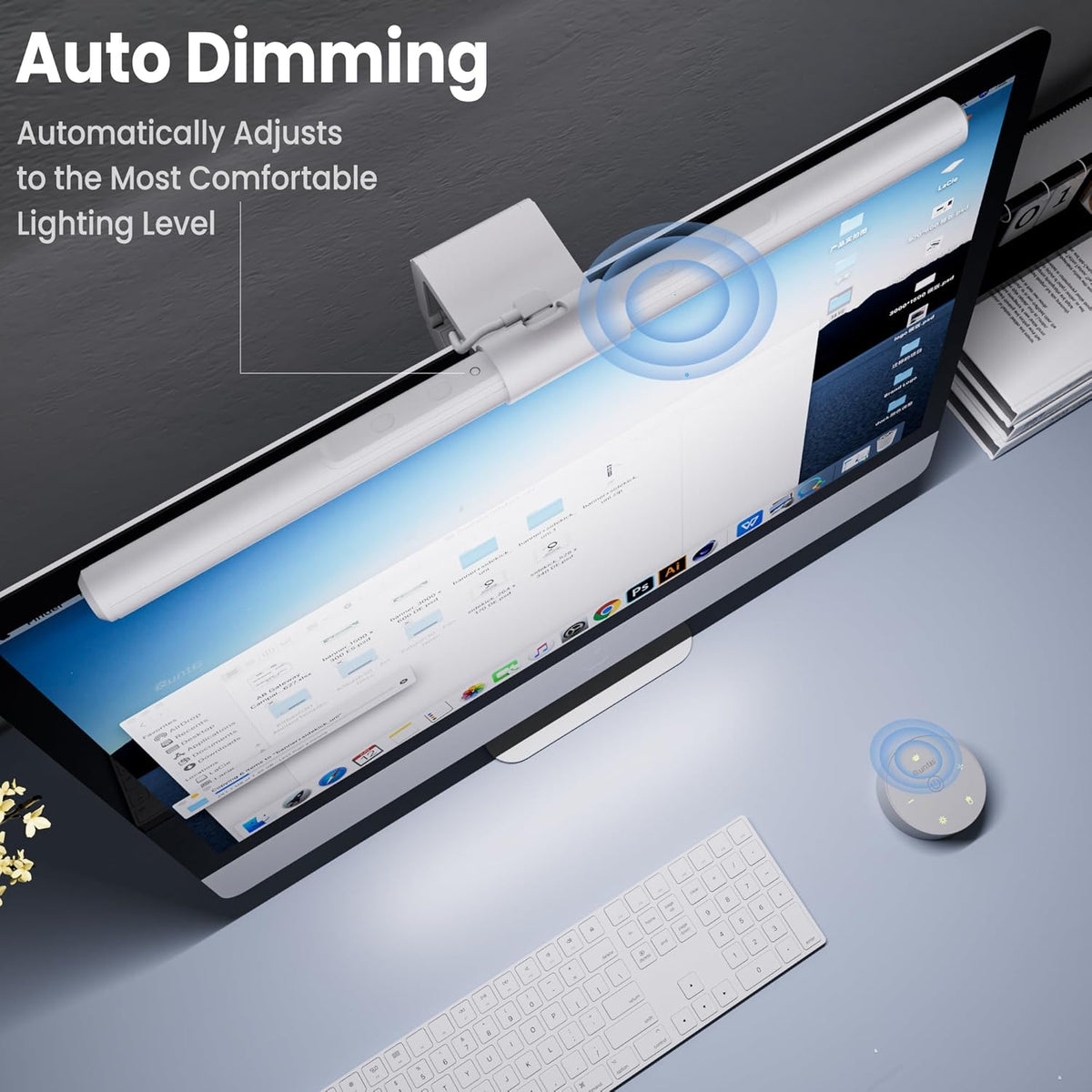 Quntis - Monitor Light Bar Pro White, Eye-Care No Glare USB Computer Lamp, Stepless Dimming & Auto-Dimming Brightness, Dual Control, Modern Aesthetic Space Saving Desk Accessories Office Gaming Reading - Serious Techies