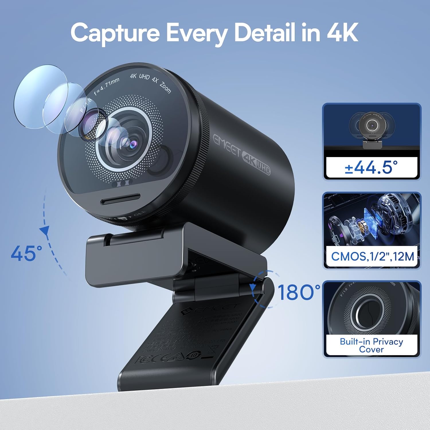 EMEET - Smartcam S800-4K Webcam for Streaming, Sony 1/2'' Sensor, Supports HDR, PDAF&TOF Dual-Autofocus, 1080P@60Fps, 2 Noise-Cancelling Mics, 40°-73° FOV, Perfect for Live Streaming&Online Meetings - Serious Techies