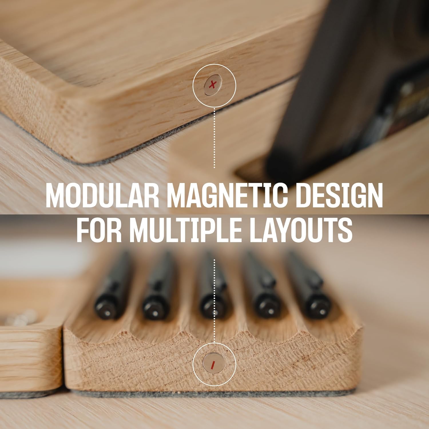 COREMINDED - Modular Office Desk Organizer Tray Set - Solid Wood Desk Tray with Felt Lining - Desktop Organizer Wood Desk Accessories - Set B - Serious Techies