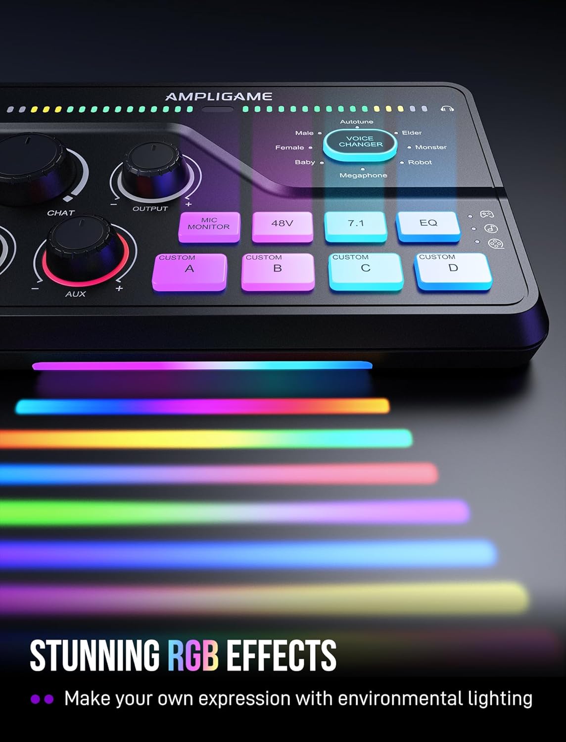 Gaming Audio Mixer for 7.1Ch Surround Sound Headphone Amp-Volume Control-Voice Chat and Streaming-Xlr Mic Preamp-Usb Plug&Play-Voice Changer-Rgb-3 EQ Modes Ampligame SC8