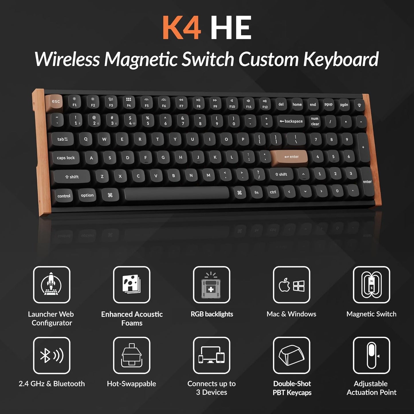 Keychron - K4 HE – 96% Compact Hall Effect Wireless Mechanical Keyboard with Number Pad, Magnetic Switch, Rapid Trigger, Custom RGB, QMK/VIA, 2.4Ghz/Bt5.2/Wired, for Mac/Windows/Linux, Wood Frame, Black - Serious Techies