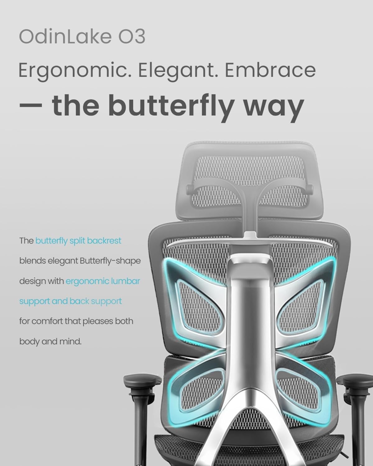 Odinlake - O3 753 Ergonomic Mesh Office Chair, 5-Level Adjustable Height, Wirecontrol Base, Dynamic Lumbar, 2D Headrest, Silent Casters, Flexbreath Mesh, Clothes Hanger, Aluminum Butterfly Backrest - Serious Techies