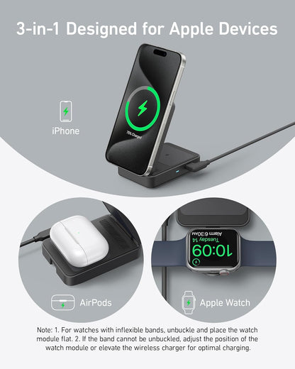 Anker - Maggo 3 in 1 Iphone 17 Charging Station, Magsafe-Compatible Wireless Charger Stand, Qi2 Certified 15W Foldable Charger for Iphone 17/16/15/14/13/12, Airpods, Apple Watch Ultra(Adapter Included) - Serious Techies