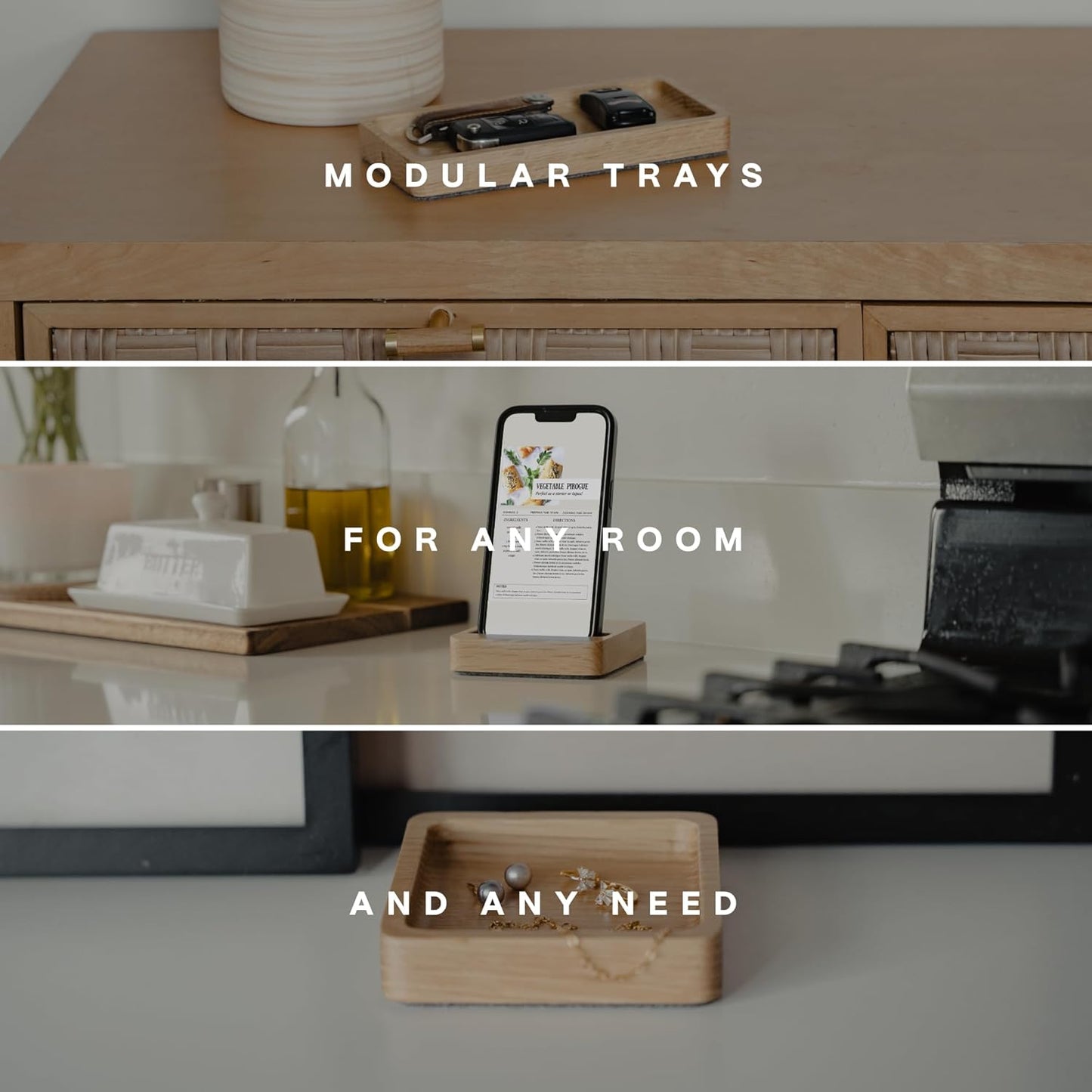 COREMINDED - Modular Office Desk Organizer Tray Set - Solid Wood Desk Tray with Felt Lining - Desktop Organizer Wood Desk Accessories - Set B - Serious Techies