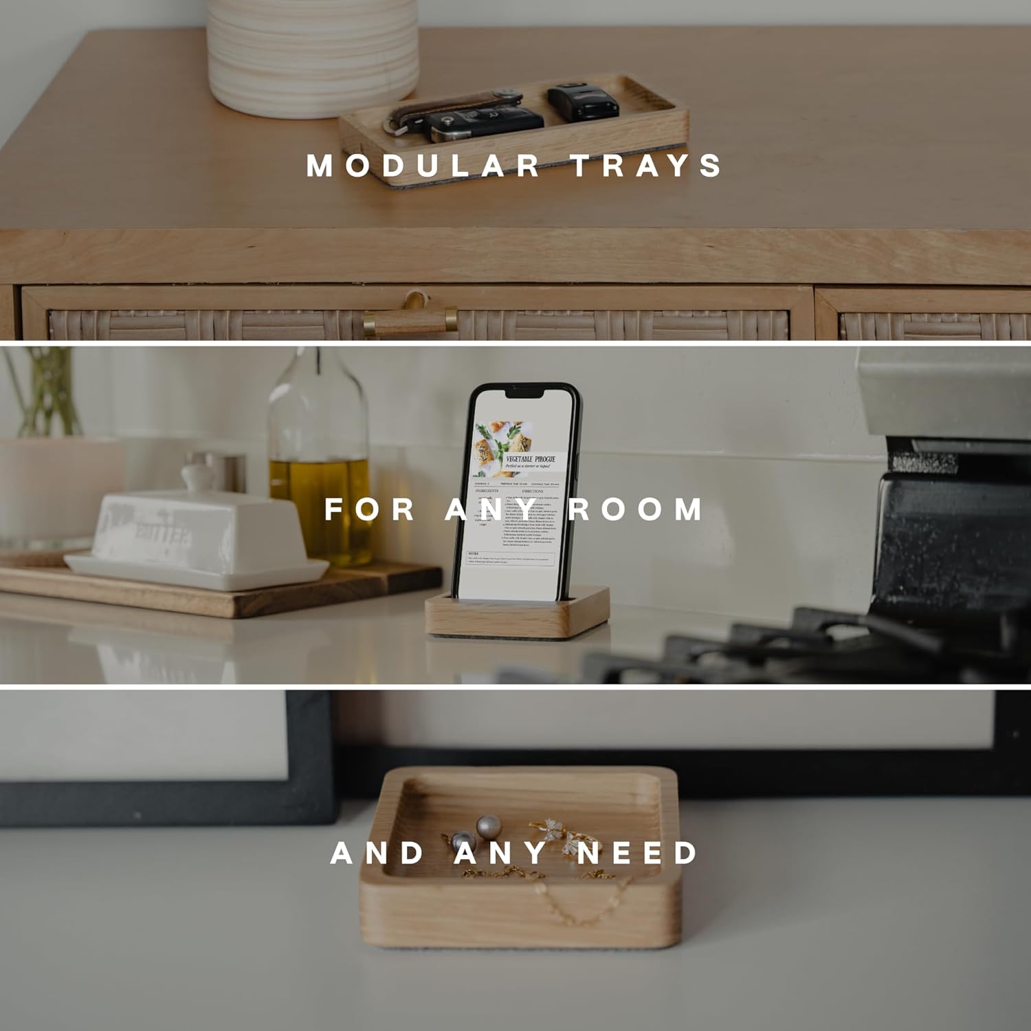 COREMINDED - Modular Office Desk Organizer Tray Set - Solid Wood Desk Tray with Felt Lining - Desktop Organizer Wood Desk Accessories - Set B - Serious Techies