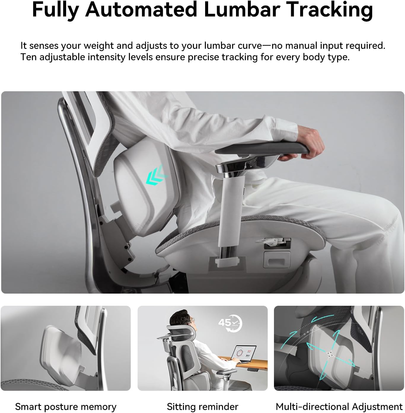X7 Smart Ergonomic Chair, Office Chair, with Fully Automated Lumbar Tracking, 4D Adjustable Headrest, 720° Adjustable Armrests, Ventilated Seat Cushion, Swivel, Grey