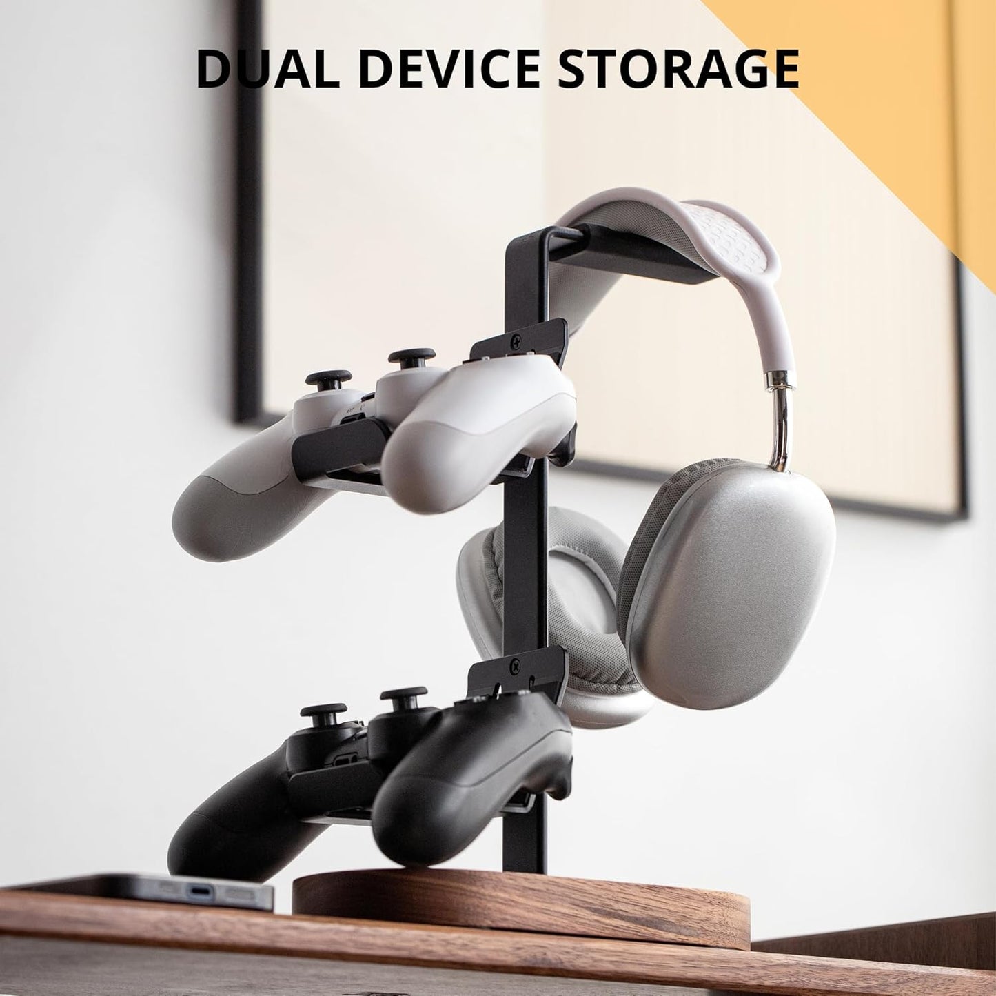 muso - 2-In-1 Gaming Controller Stand, Headphone Stand, Walnut Controller Stand, Desktop Headset Stand for Game Controllers and PC Earphone Accessories - Serious Techies