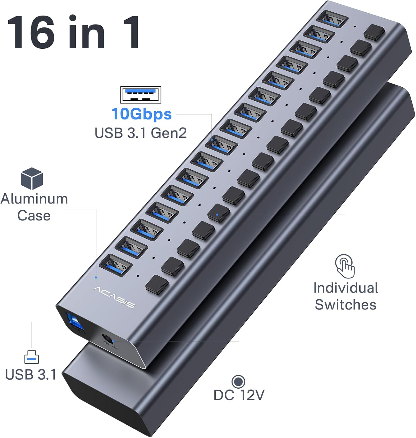 ACASIS - Powered USB 3.1 Hub,  16 Ports USB 3.1 Hub with 10Gbps Data Speed，Aluminum Housing, USB Hub Powered with 96W Power Adapter, USB Hub for Pc/Laptop, Computer, Flash Drive, Printer, Camera - Serious Techies