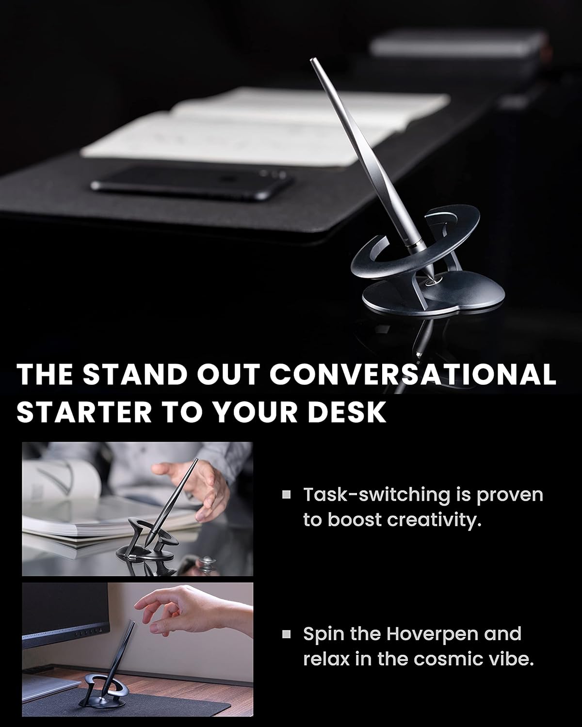 novium - Hoverpen Interstellar - Space Black, Ballpoint Pen, Unique Conversational Starter, Premium Futuristic Design, Precision Flow Ink, Schmidt Ballpoint Cartridges - Serious Techies
