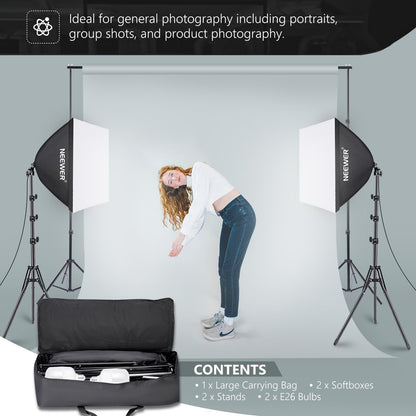Neewer - 700W Equivalent Softbox Lighting Kit, 2Pack UL Certified 5700K LED Lighting Bulbs, 24X24 Inches Softboxes with E26 Socket, Photography Continuous Lighting Kit Photo Studio Equipment - Serious Techies