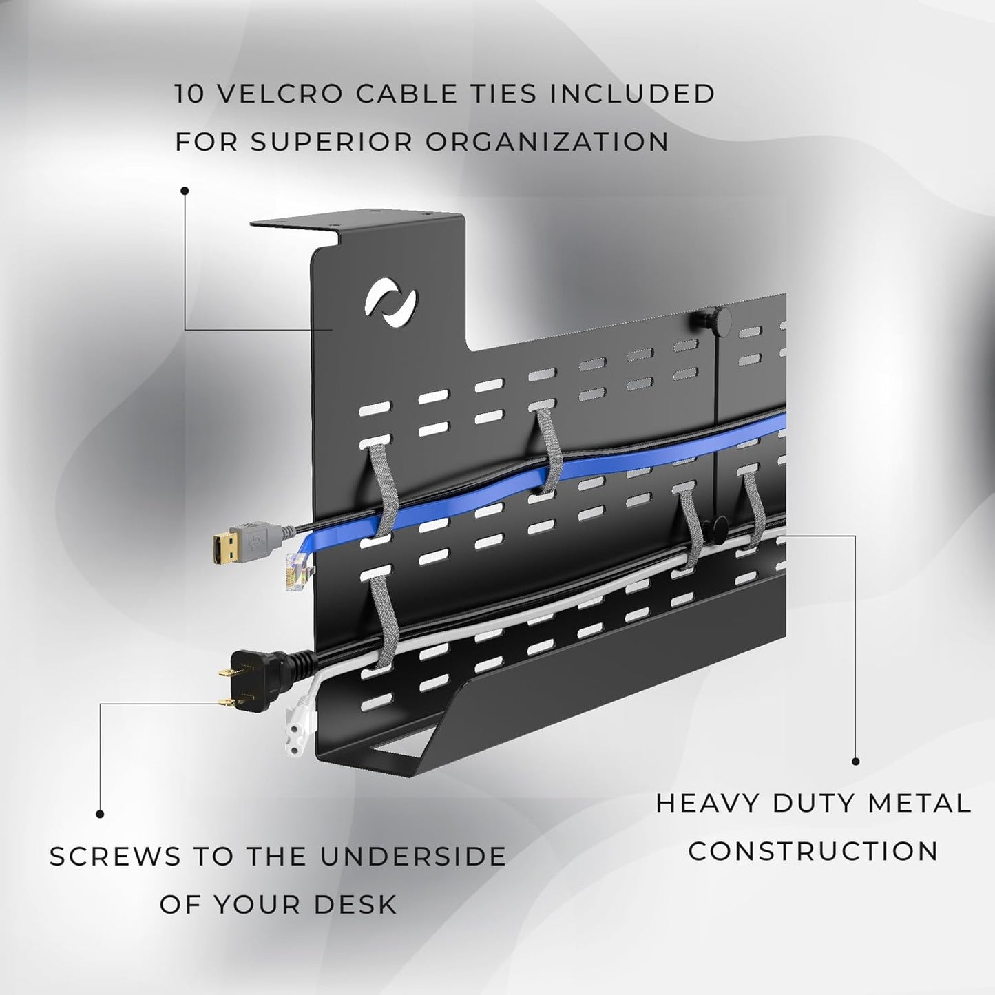 HumanCentric - Under Desk Cable Management Tray and Computer Cord Raceway, Underdesk Cord Organizer, Standing Desk Cable and Wire Management, Heavy Duty, Included Velcro Straps, Medium, Black - Serious Techies