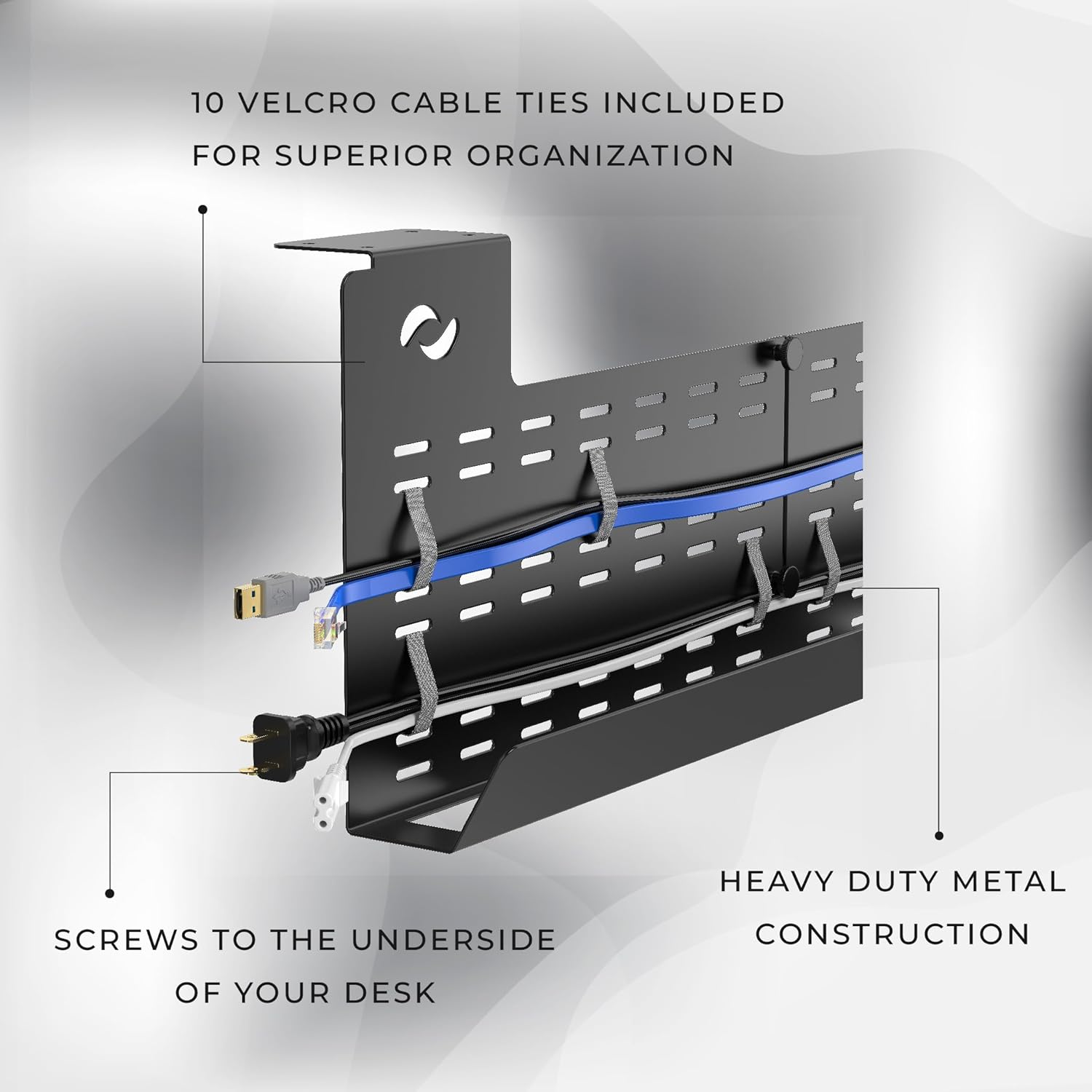 HumanCentric - Under Desk Cable Management Tray and Computer Cord Raceway, Underdesk Cord Organizer, Standing Desk Cable and Wire Management, Heavy Duty, Included Velcro Straps, Medium, Black - Serious Techies