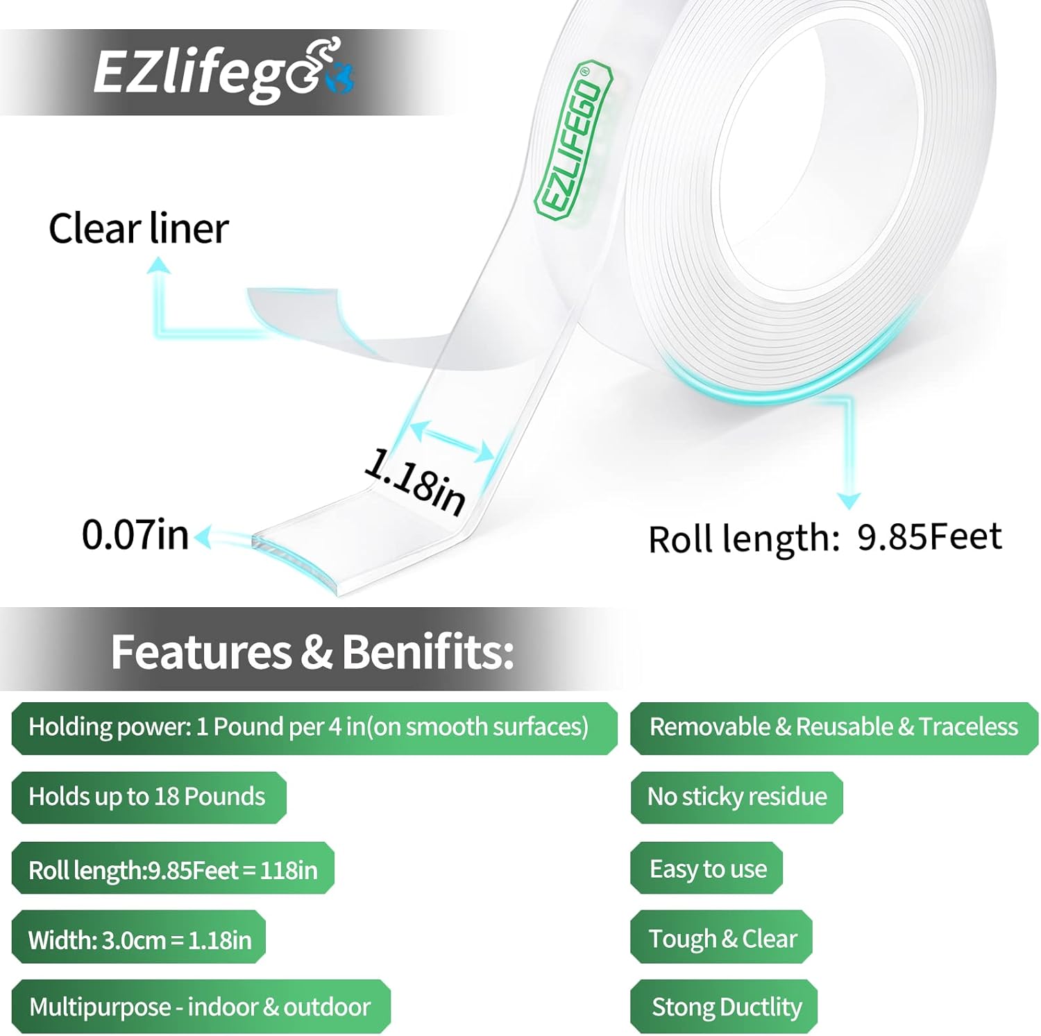 EZlifego - Double Sided Tape Heavy Duty, Nano Double Sided Adhesive Tape, Clear Mounting Tape Picture Hanging Adhesive Strips (9.85FT) - Serious Techies