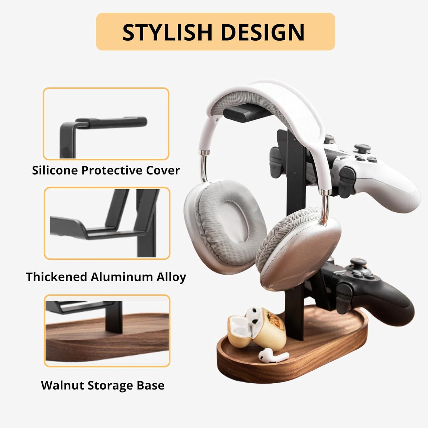 muso - 2-In-1 Gaming Controller Stand, Headphone Stand, Walnut Controller Stand, Desktop Headset Stand for Game Controllers and PC Earphone Accessories - Serious Techies