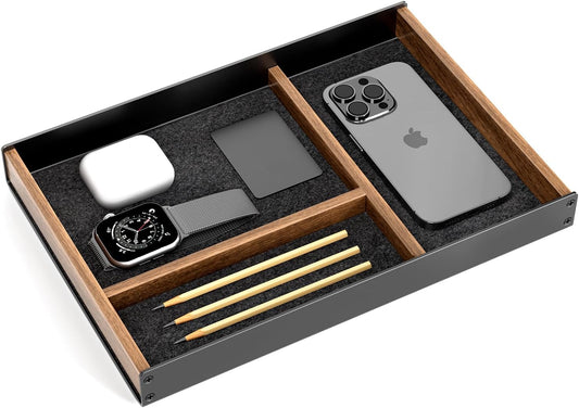 UPERGO - Desk Drawer Organizer Tray, Mens Valet Made of Aluminum and Walnut, Aesthetic Desk Accessories for Office Home Supplies - Serious Techies