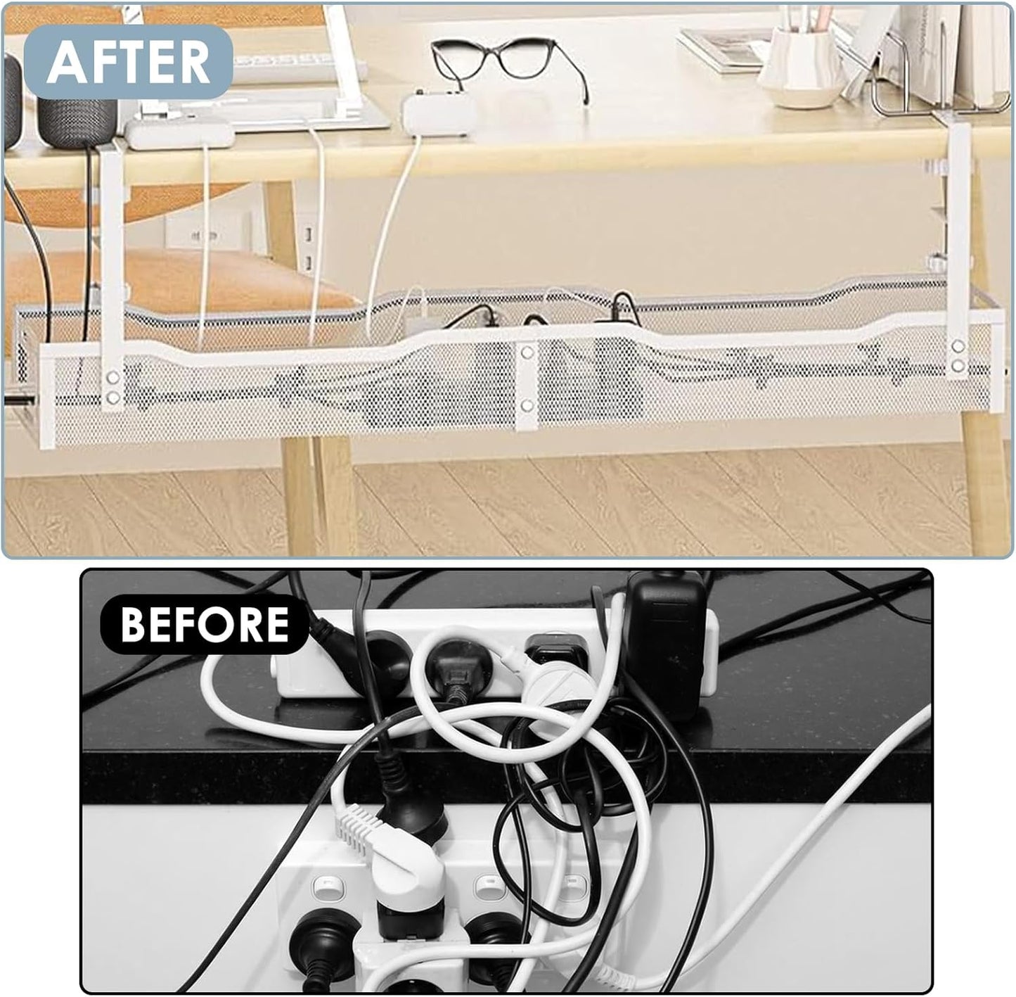 Mzmaxy - Cable Management, 25'' Cable Management under Desk No Drill, Metal Cord Organizer with Clamp for Standing Desk, Cable Organizer for Home Office, White - Serious Techies