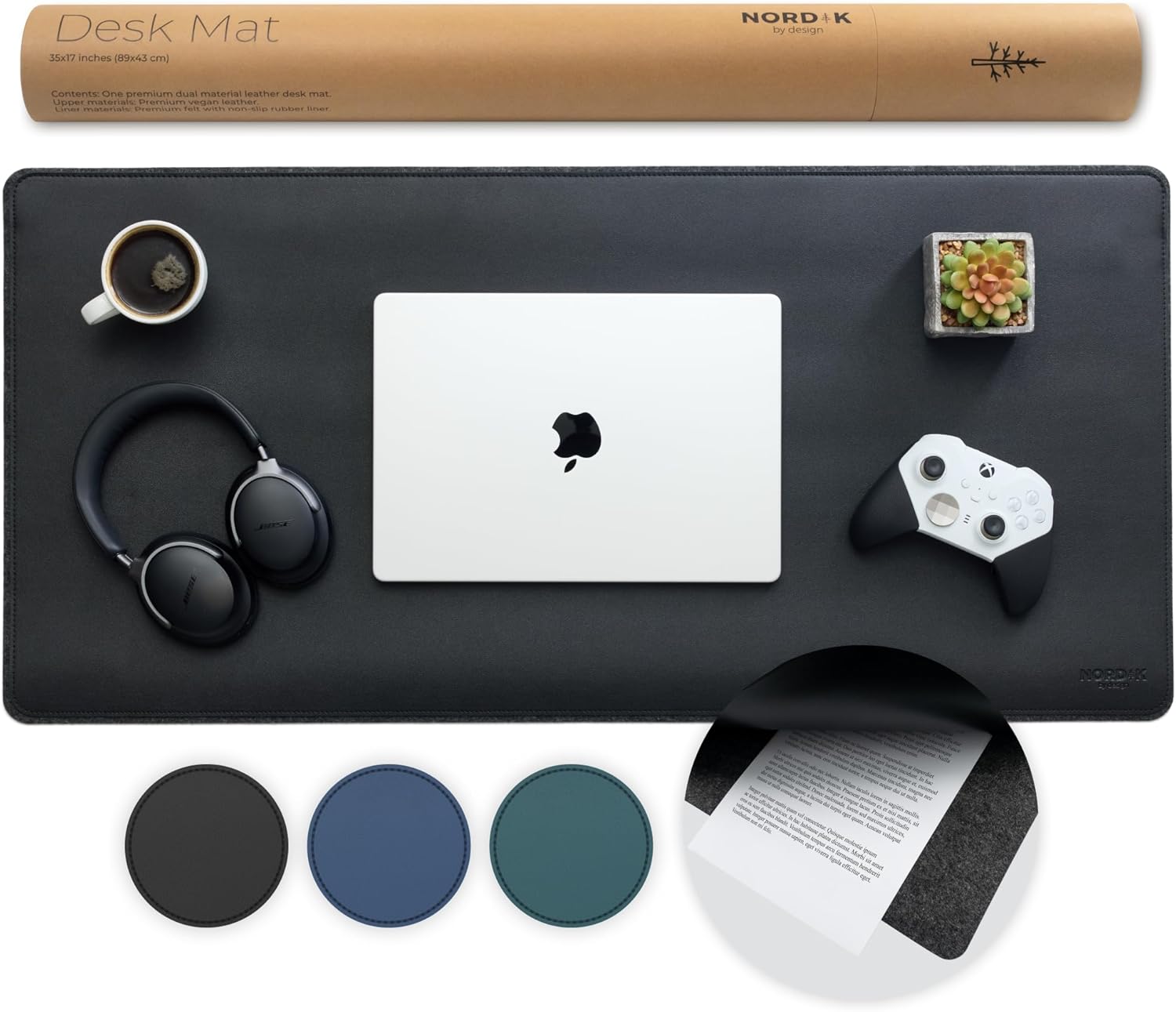 Nordik - Leather Top and Felt bottom Desk Mat Non-Slip - Blue - 35 X 17 Inch - Felt and Vegan Leather Desk Pad - Document Organizers - Desk Blotter and Desktop Mat - Desk Protector Laptop Desk Matt for Desktop - Serious Techies