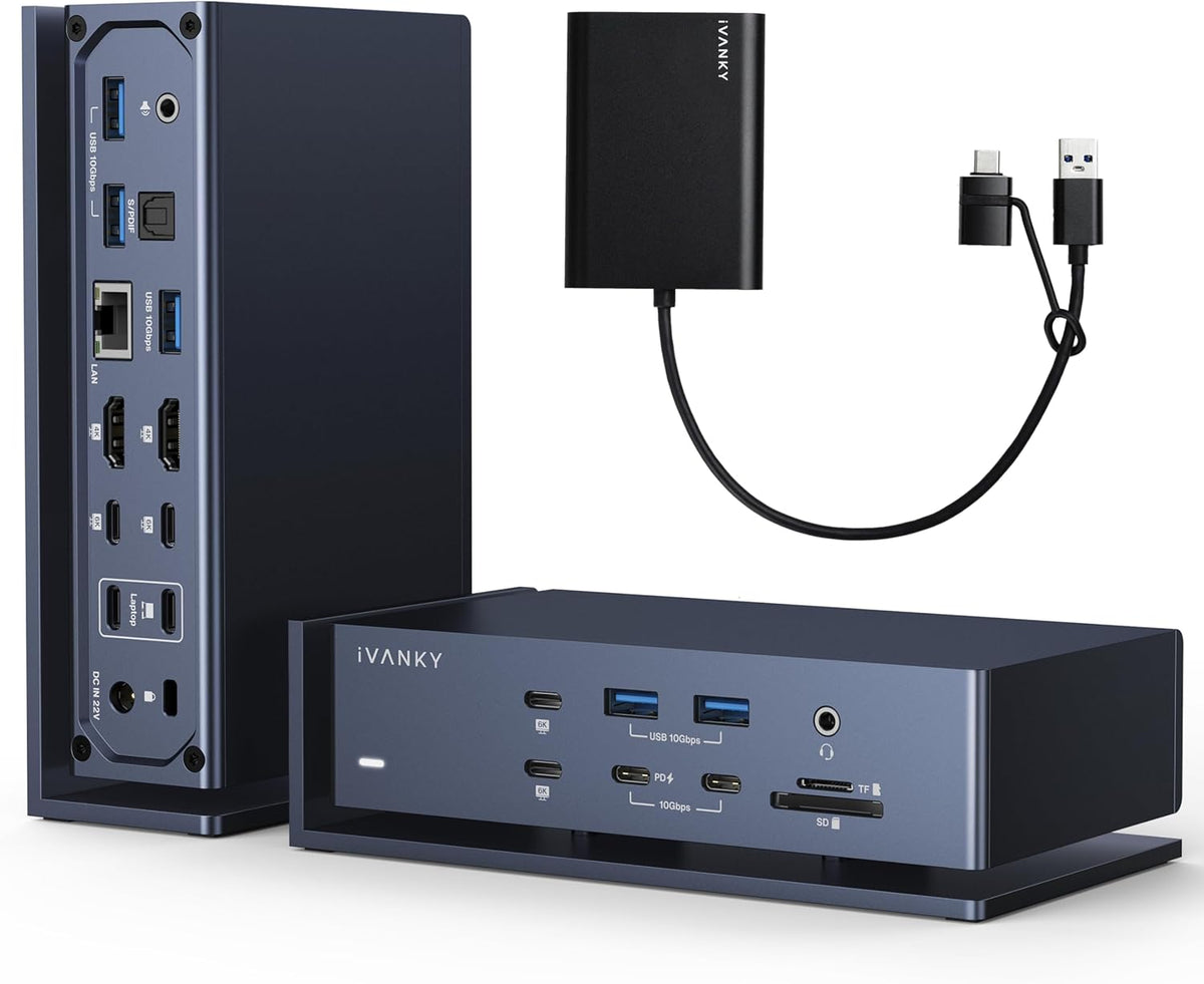 iVANKY - FusionDock Max 1 Dual Thunderbolt 4 Chips, 20-In-1 Quad 6K@60Hz Monitor Macbook Docking Station, 40Gbps Dock for Mac M1/M2/M3 Pro/Max, 2HDMI 2.0, 96W PD, 10Gbps USB, 2.5 Gbe, Silver - Serious Techies