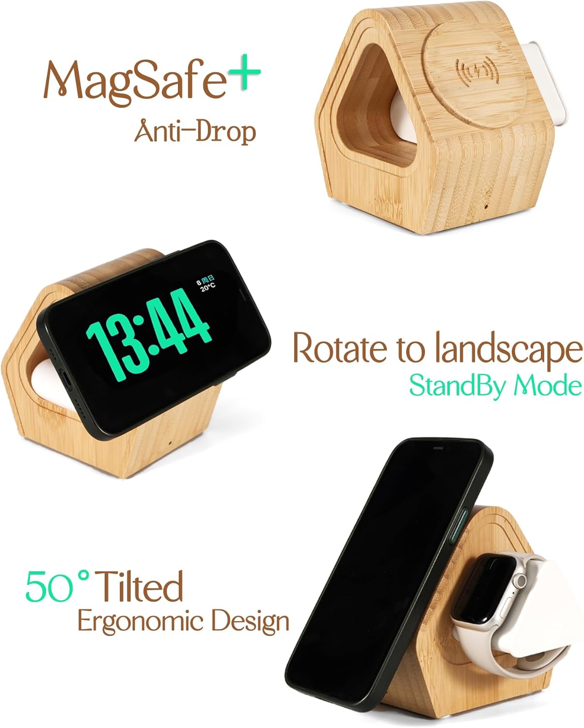 DYEWEAVE - Bamboo Wireless Charging Station for Apple: 3-In-1 Charger Stand with Cabin Style for Iphone 16 15 14 13 12 Series, Apple Watch 10-2, Ultra, and Airpods 4-2, Pro, Magsafe Wireless Charger(20W Adapter) - Serious Techies