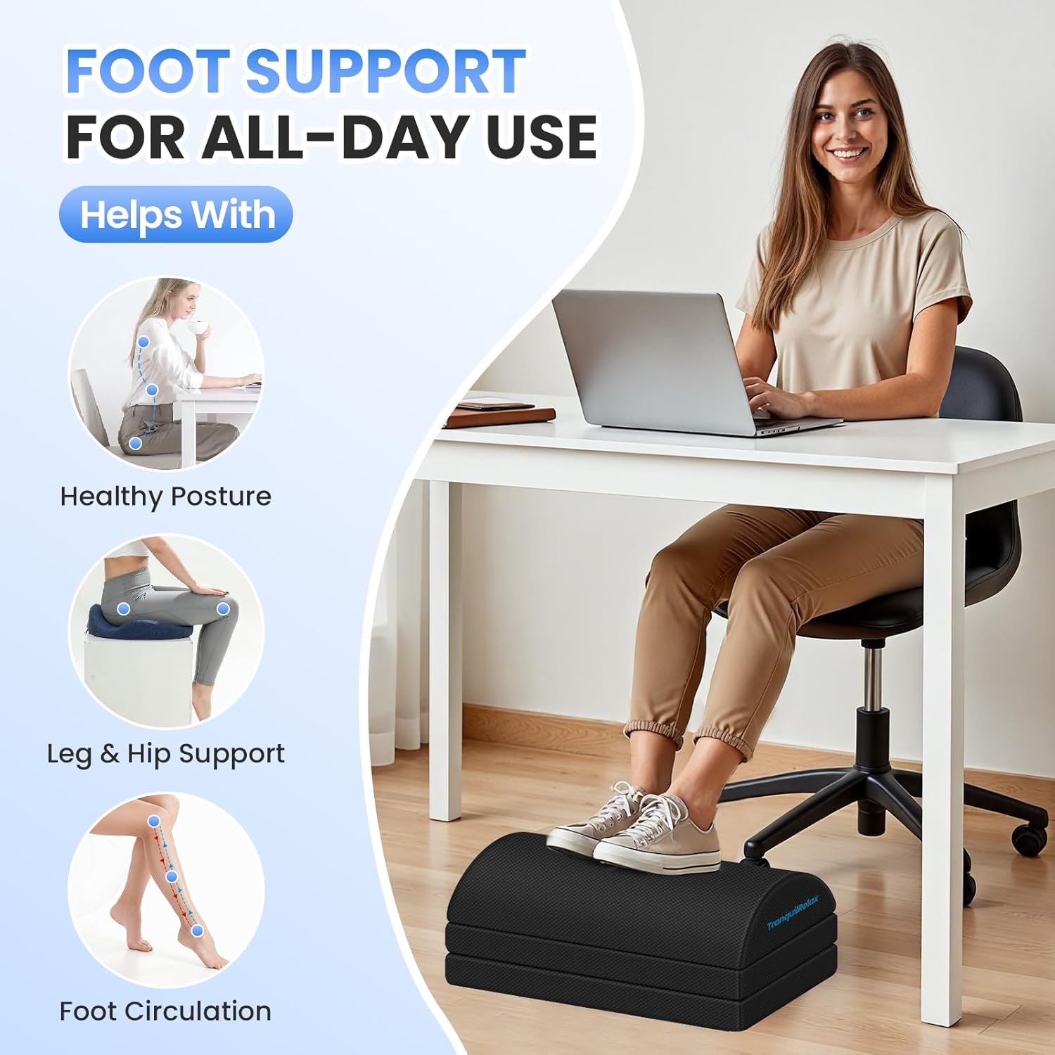 TranquilRelax - Foot Rest for under Desk at Work, Gaming Accessories Foot Stool with 3 Adjustable Heights & Washable Cover, Comfortable Office Desk Accessories, Footrest for Office, Home and Car (Black) - Serious Techies