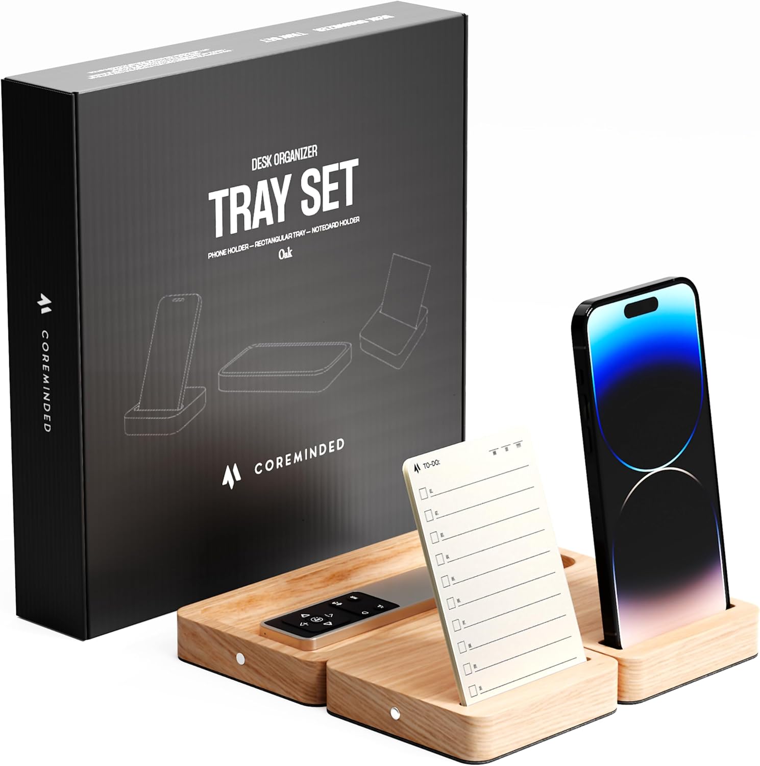 COREMINDED - Modular Office Desk Organizer Tray Set - Solid Wood Desk Tray with Felt Lining - Desktop Organizer Wood Desk Accessories - Set B - Serious Techies