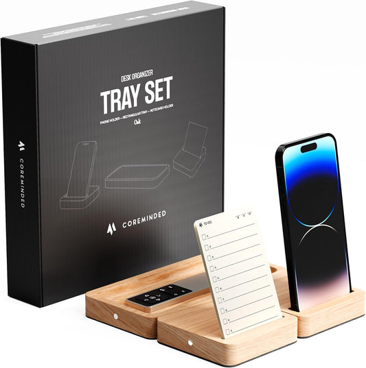 COREMINDED - Modular Office Desk Organizer Tray Set - Solid Wood Desk Tray with Felt Lining - Desktop Organizer Wood Desk Accessories - Set B - Serious Techies