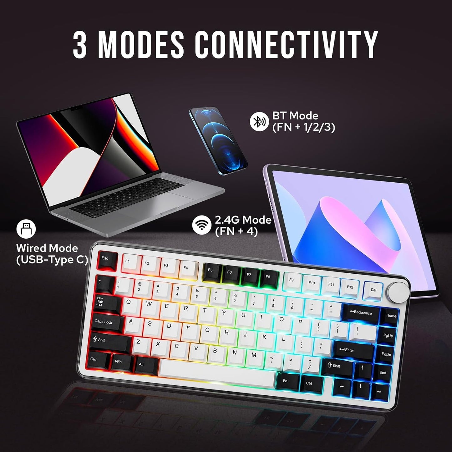 KiiBoom - Breeze 75 75% CNC Aluminum and Acrylic Mechanical Gaming Keyboard, Usb-C/Bt5.0/2.4Ghz Wireless Creamy Keyboard, with Gasket Structure, RGB, 8000Mah Battery for Win/Mac (Black) - Serious Techies