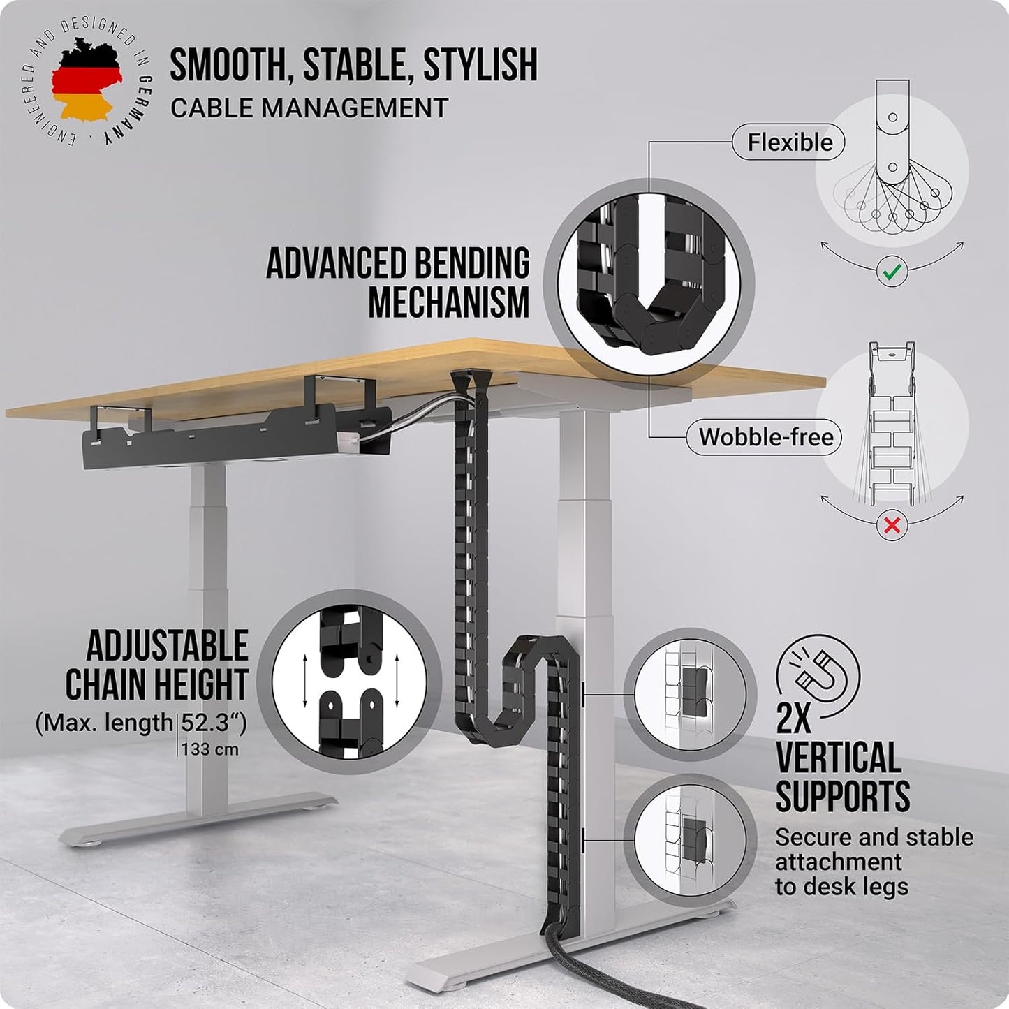 Ultimate Setup Store - Under Desk Cable Management Vertebrae - Perfect for Sit Stand Desk - Wire Management - Adjustable Length - Flexible Cable Spine - Black, 133 Cm - Serious Techies
